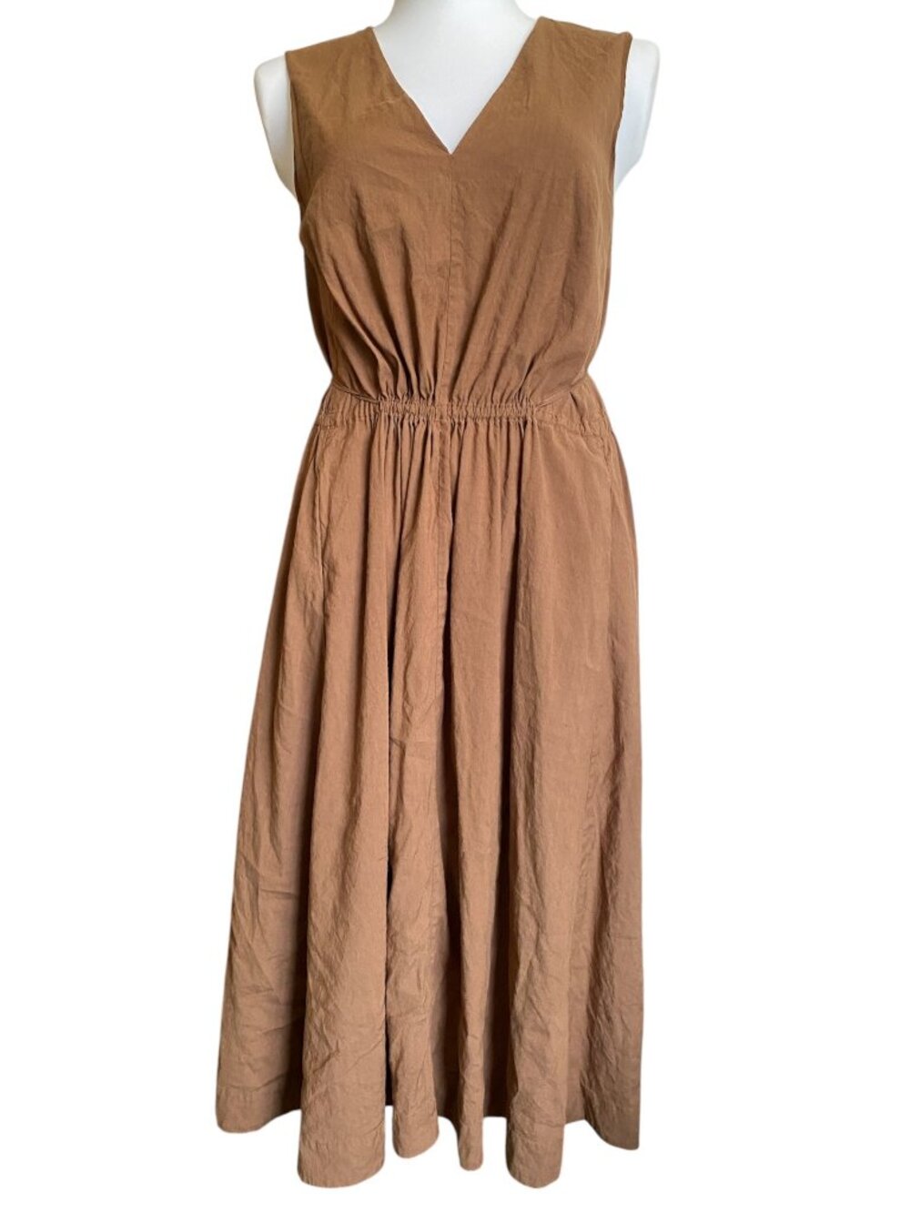 Vince Linen Blend V-Neck Midi Dress Brown L